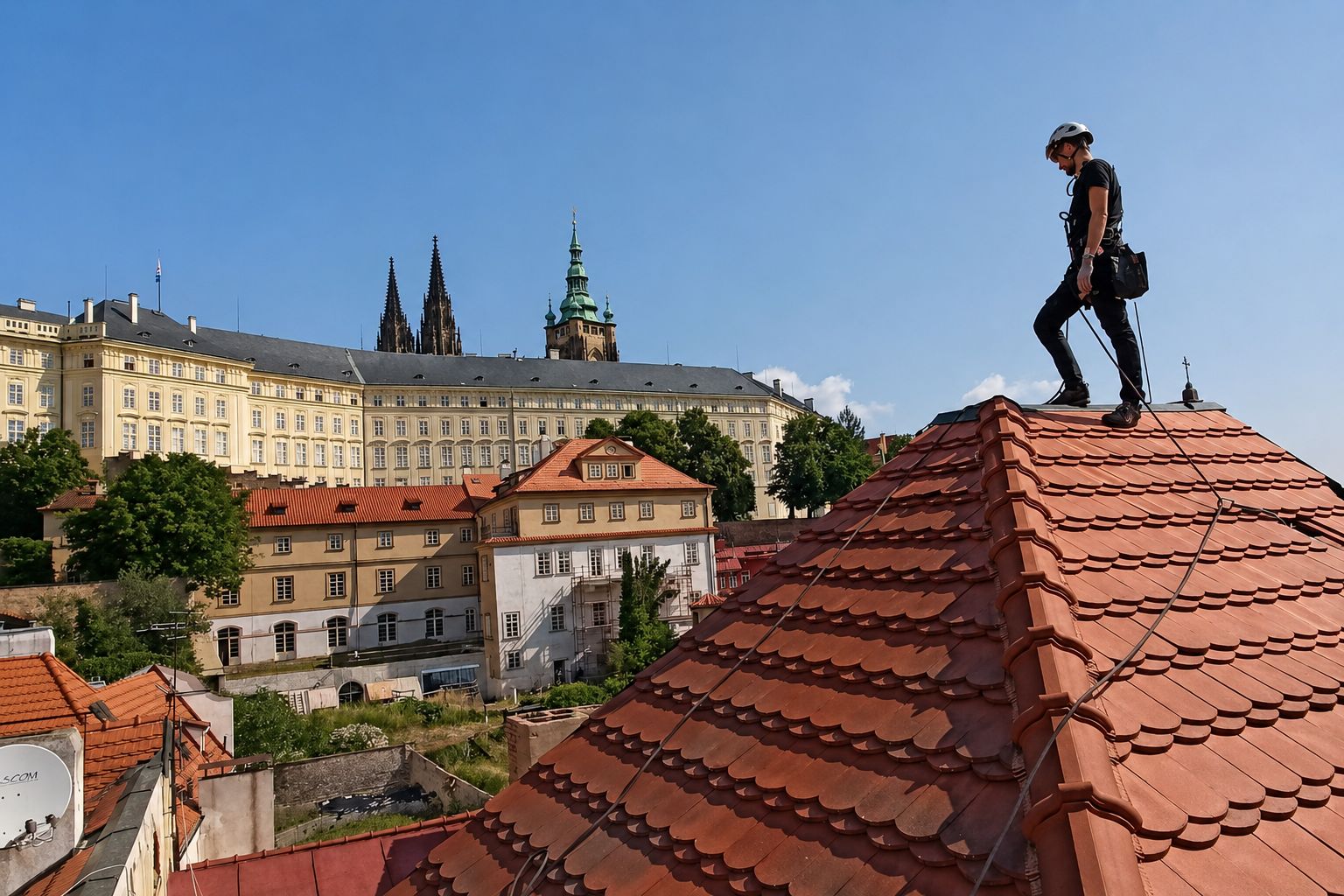Výškonaut na střeše u Pražského hradu